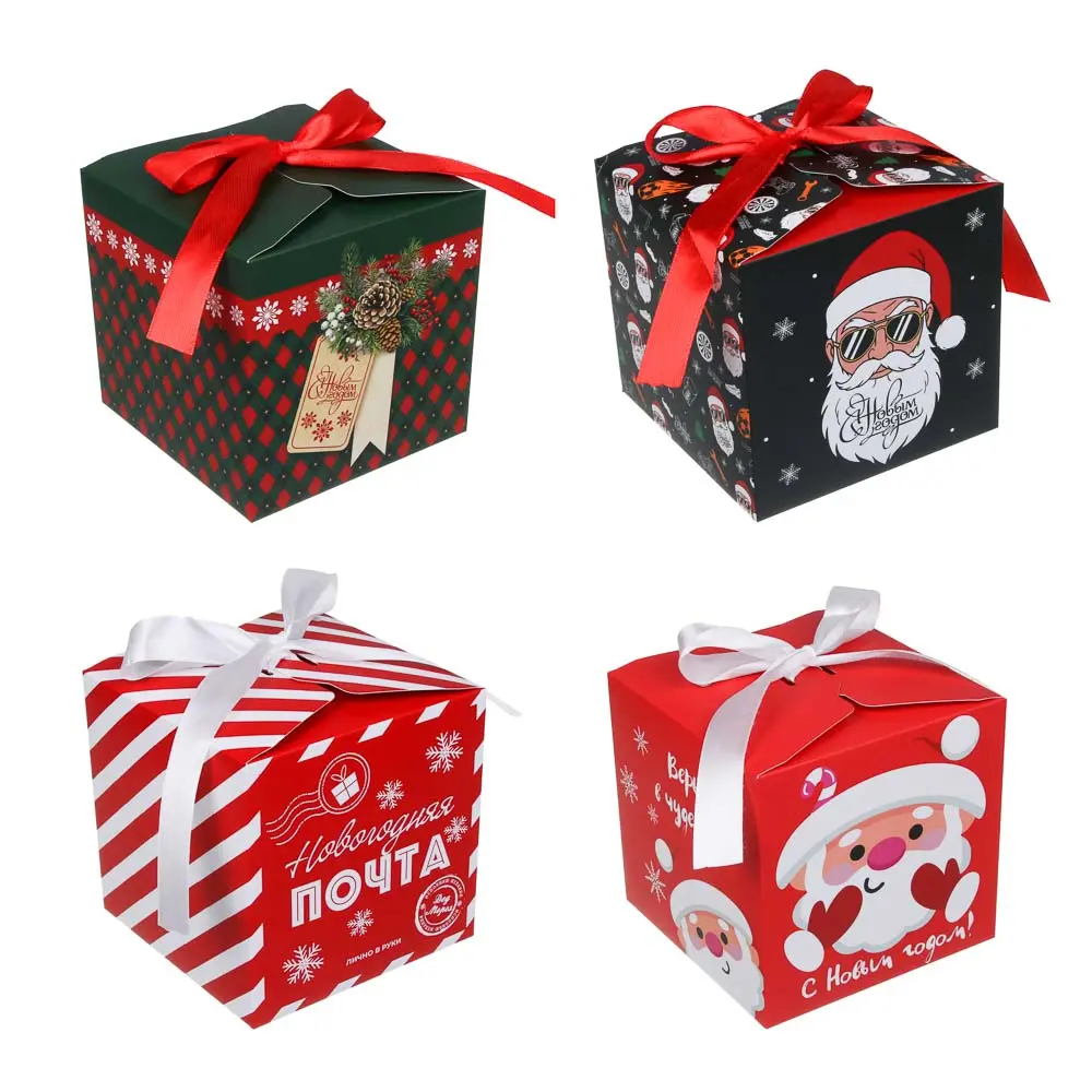Коробка подарочная новогодняя тм СНОУ БУМ складная с бантом, 12x12x12см, 4диз, картон - #1