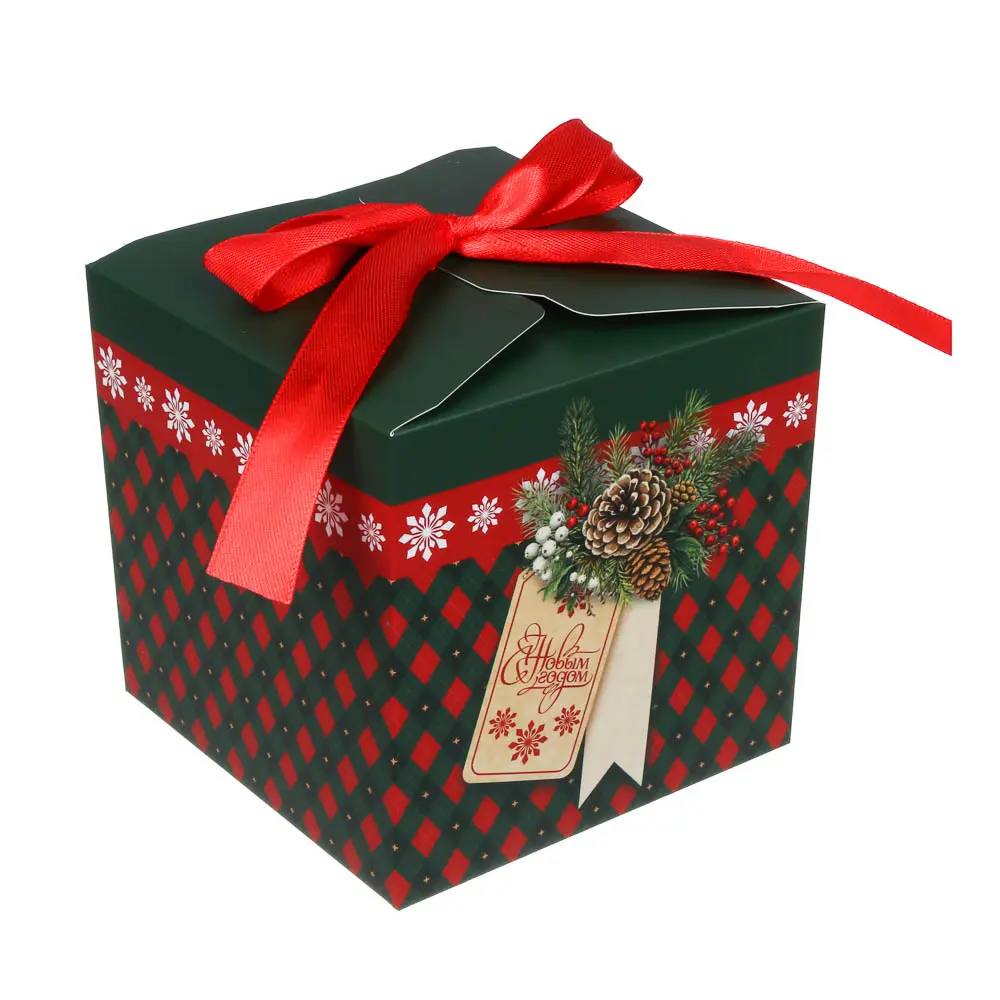 Коробка подарочная новогодняя тм СНОУ БУМ складная с бантом, 12x12x12см, 4диз, картон - #2