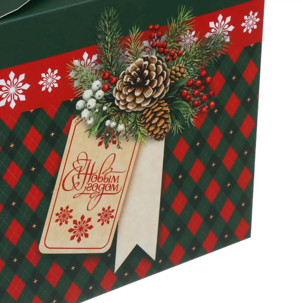 Коробка подарочная новогодняя тм СНОУ БУМ складная с бантом, 12x12x12см, 4диз, картон - #4