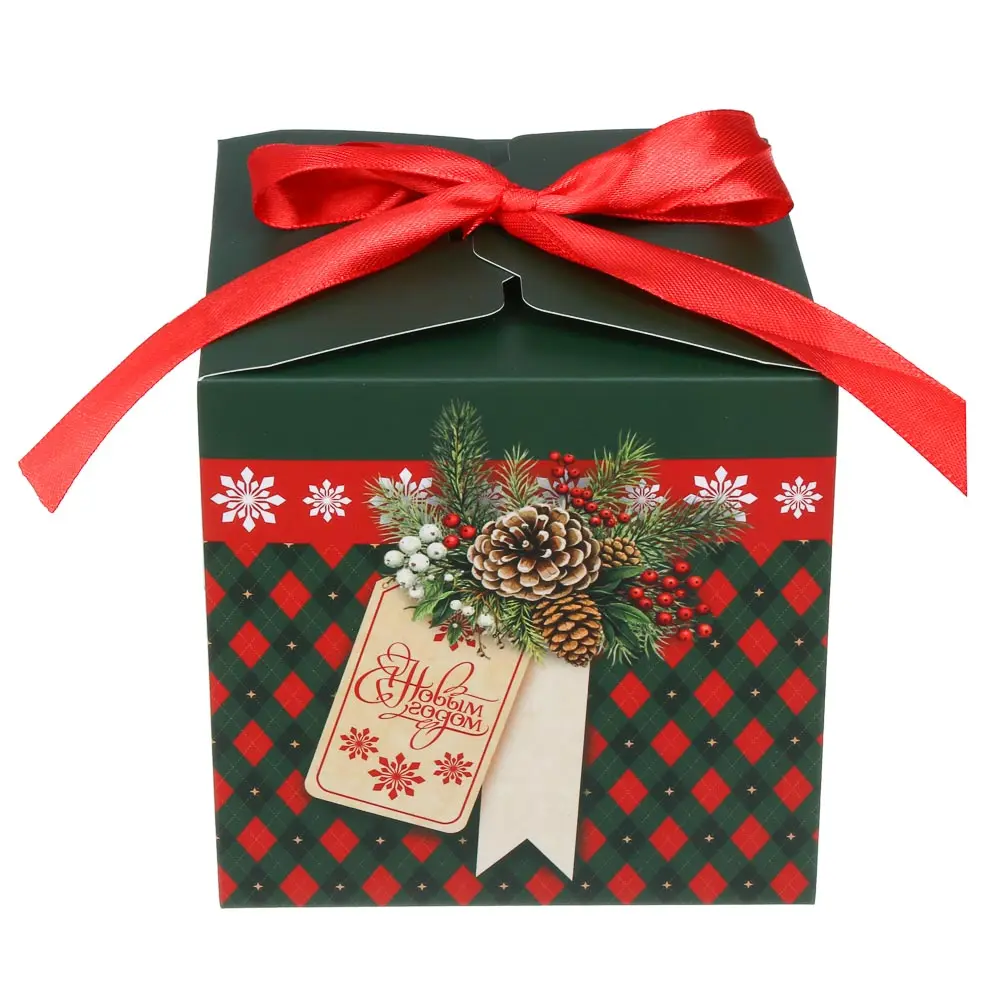 Коробка подарочная новогодняя тм СНОУ БУМ складная с бантом, 12x12x12см, 4диз, картон - #5