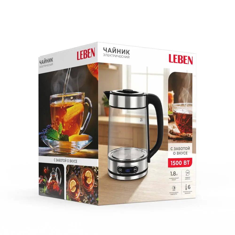 Чайник электрический тм LEBEN 1,8л, 1500Вт, 220В, материал-стекло, электронное управление, черный - #2