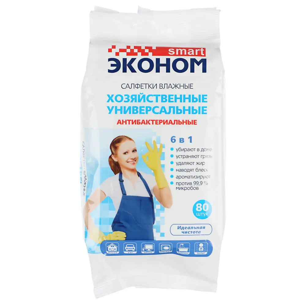 СМАРТ Салфетки влажные 80шт, универсальные антибактериальные для уборки Эконом 6 в 1 - #1