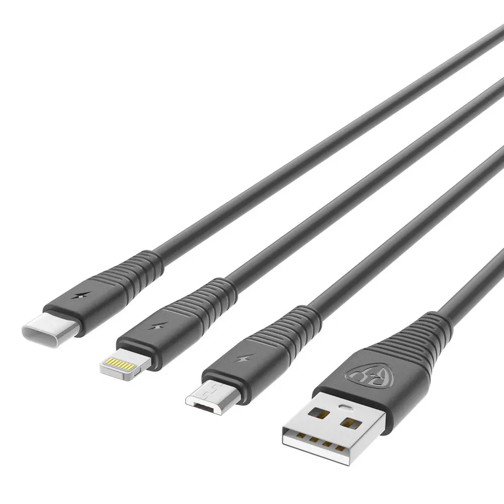 Кабель для зарядки 3в1 USB(A)-Type-C/microUSB/iP BY Base, 18W, 1,2 м, 3A, PVC, чёрный - #4