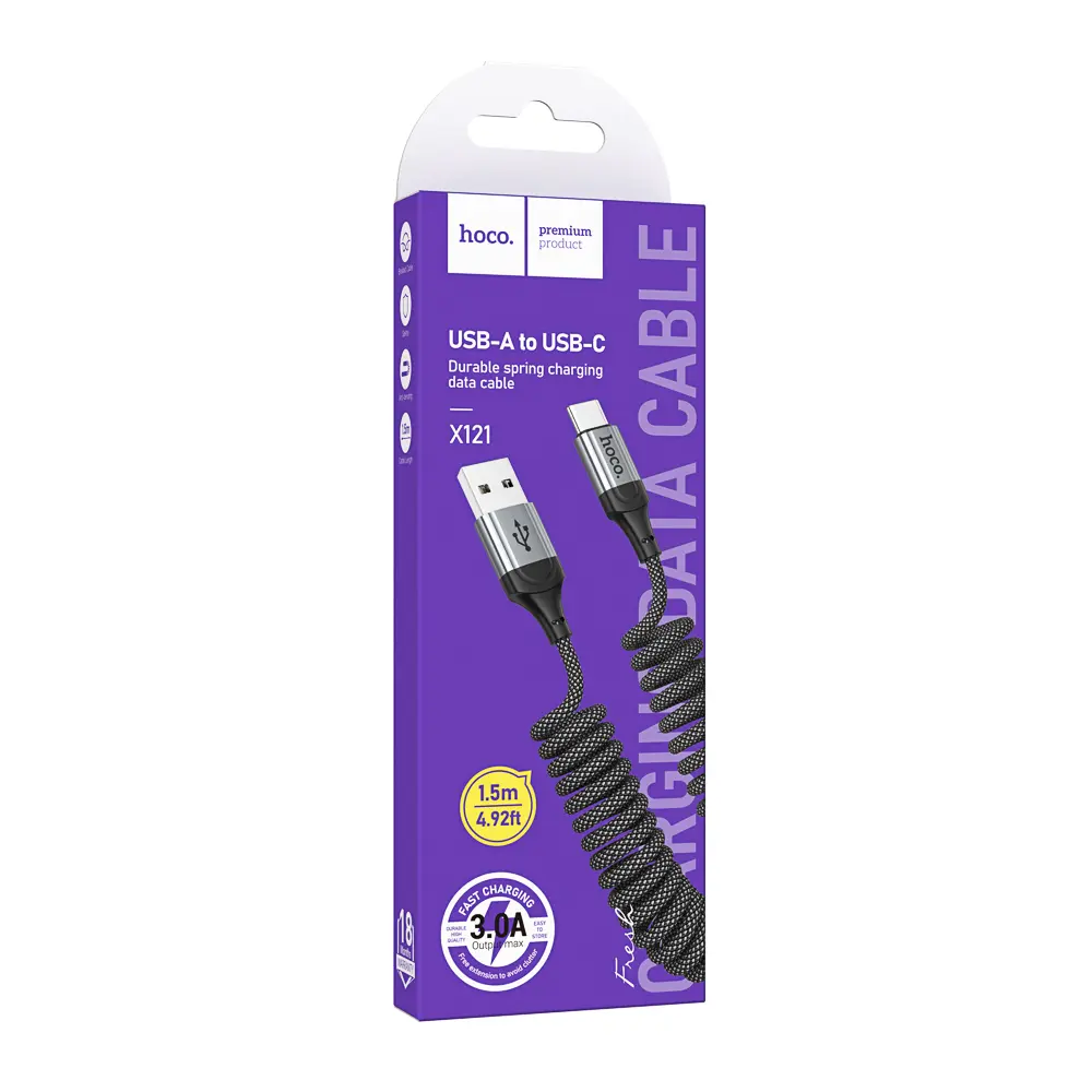 Кабель для зарядки USB(A)-Type C hoco. модель X121 Nuevo, 1 м, пружинный, черный - #2