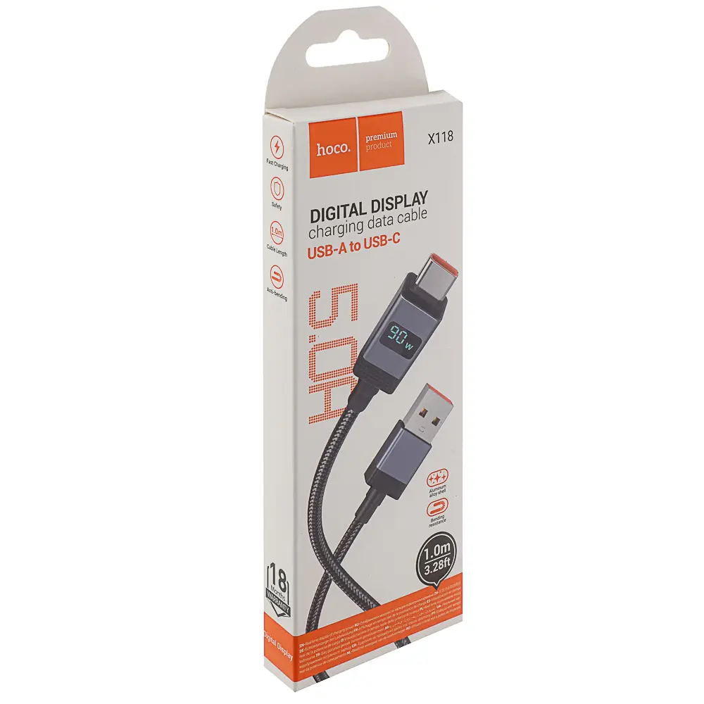 Кабель для зарядки USB(A)-Type C hoco. модель X118 Generous, 1 м, 5А, с дисплеем, черный - #2