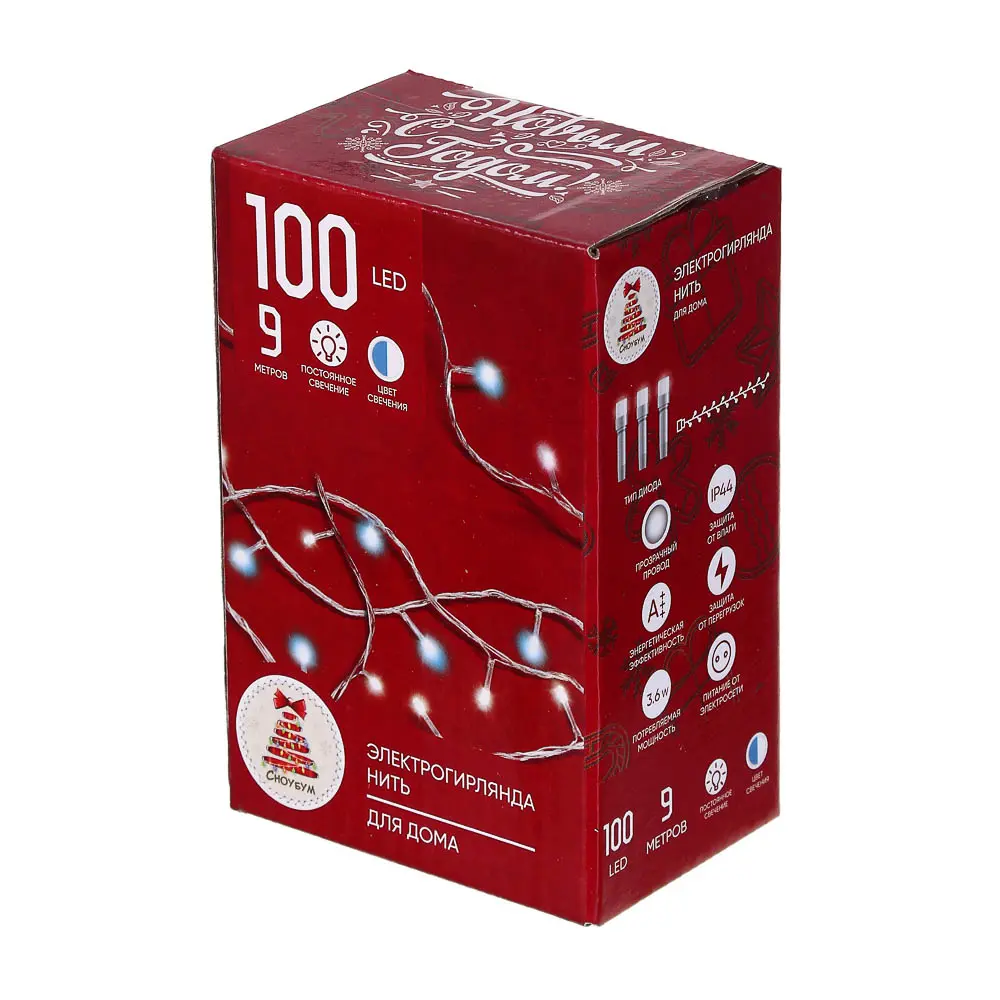 СНОУ БУМ Гирлянда электр. вьюн 9м, 100LED, голубой+белый, постоянное свечение, ПВХ прозрачный, 220В - #4