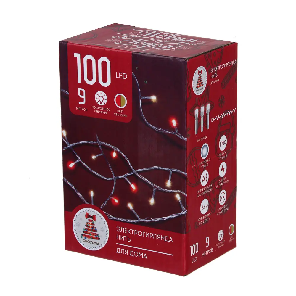 СНОУ БУМ Гирлянда эл. вьюн 9м, 100LED, красный+золотой, пост. свечение, ПВХ прозрачный, 220В - #4