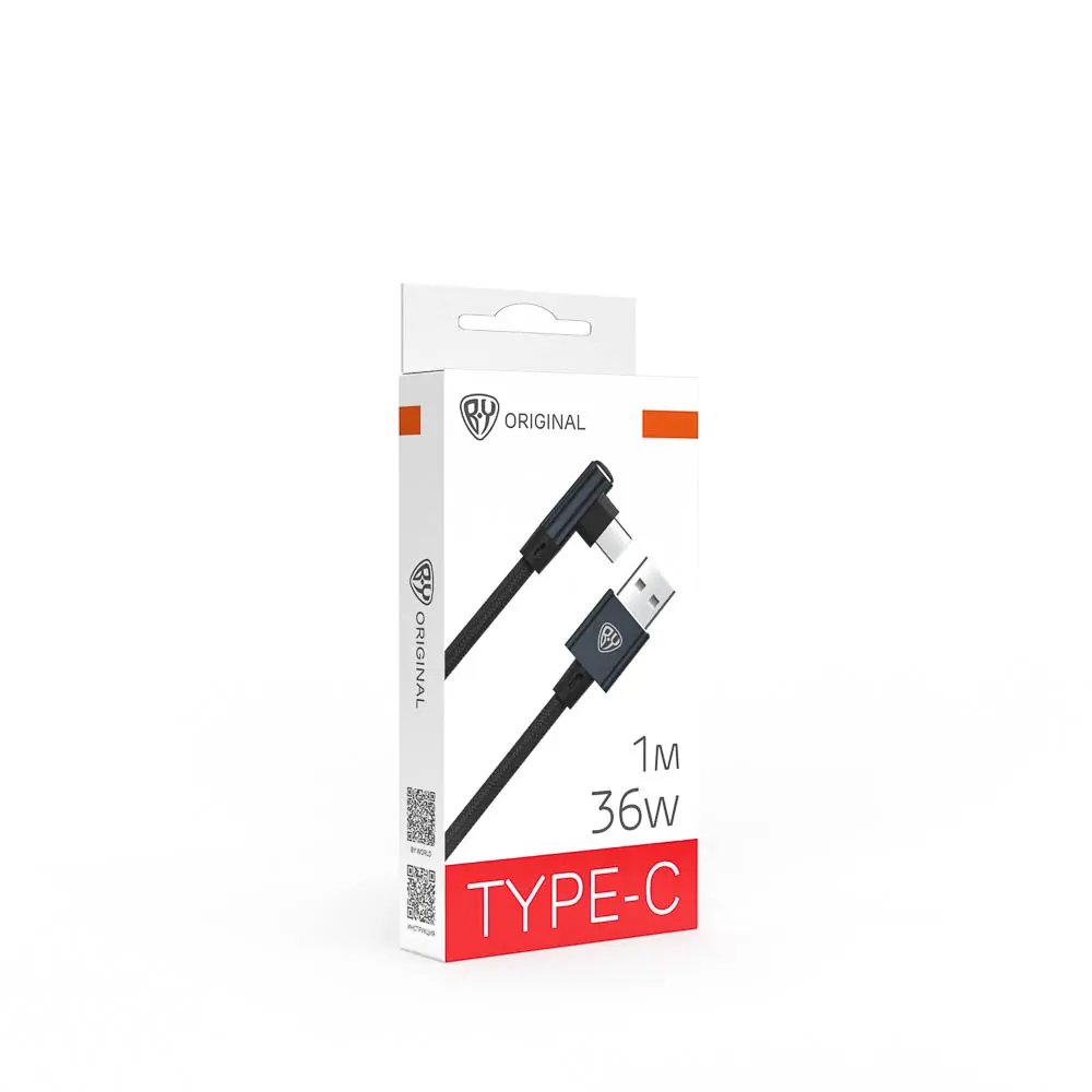 Кабель для зарядки USB(A)-Type C, 36Вт BY Угловой, 1 м, 3A, нейлон, чёрный - #2
