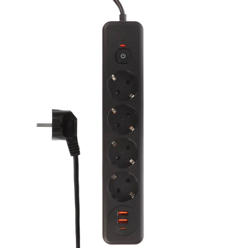 Удлинитель, сетевой фильтр 4 гнезда 3м BY Black, 2*USB, 1*type-C,выкл., 2500Вт, чёрный - #1