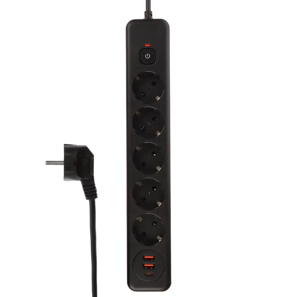 Удлинитель, сетевой фильтр 5 гнезд 3м BY Black, 2*USB, 1*type-C,выкл., 2500Вт, чёрный - #1