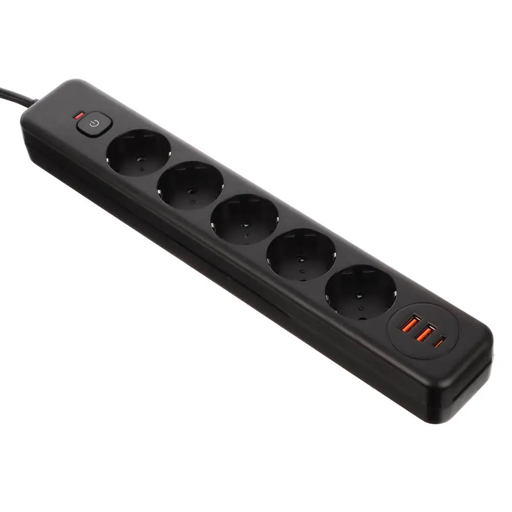 Удлинитель, сетевой фильтр 5 гнезд 3м BY Black, 2*USB, 1*type-C,выкл., 2500Вт, чёрный - #3
