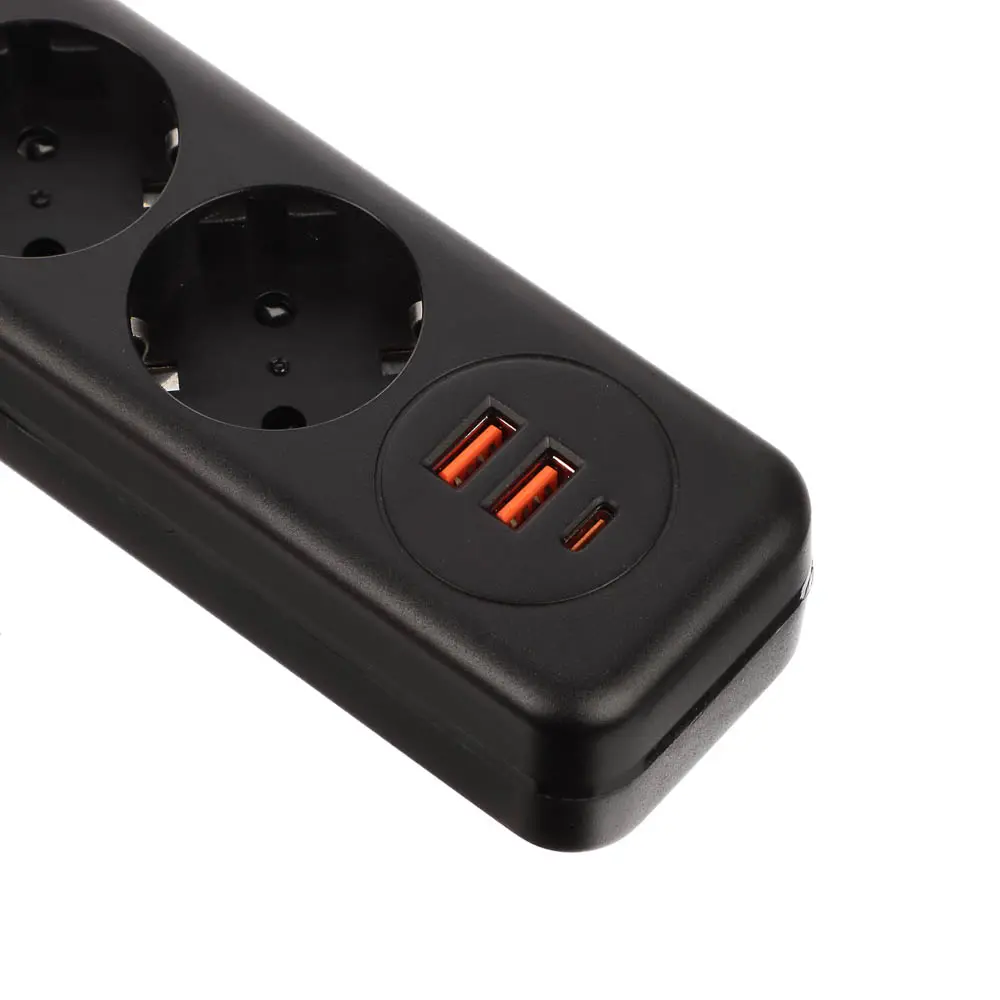 Удлинитель, сетевой фильтр 5 гнезд 3м BY Black, 2*USB, 1*type-C,выкл., 2500Вт, чёрный - #4