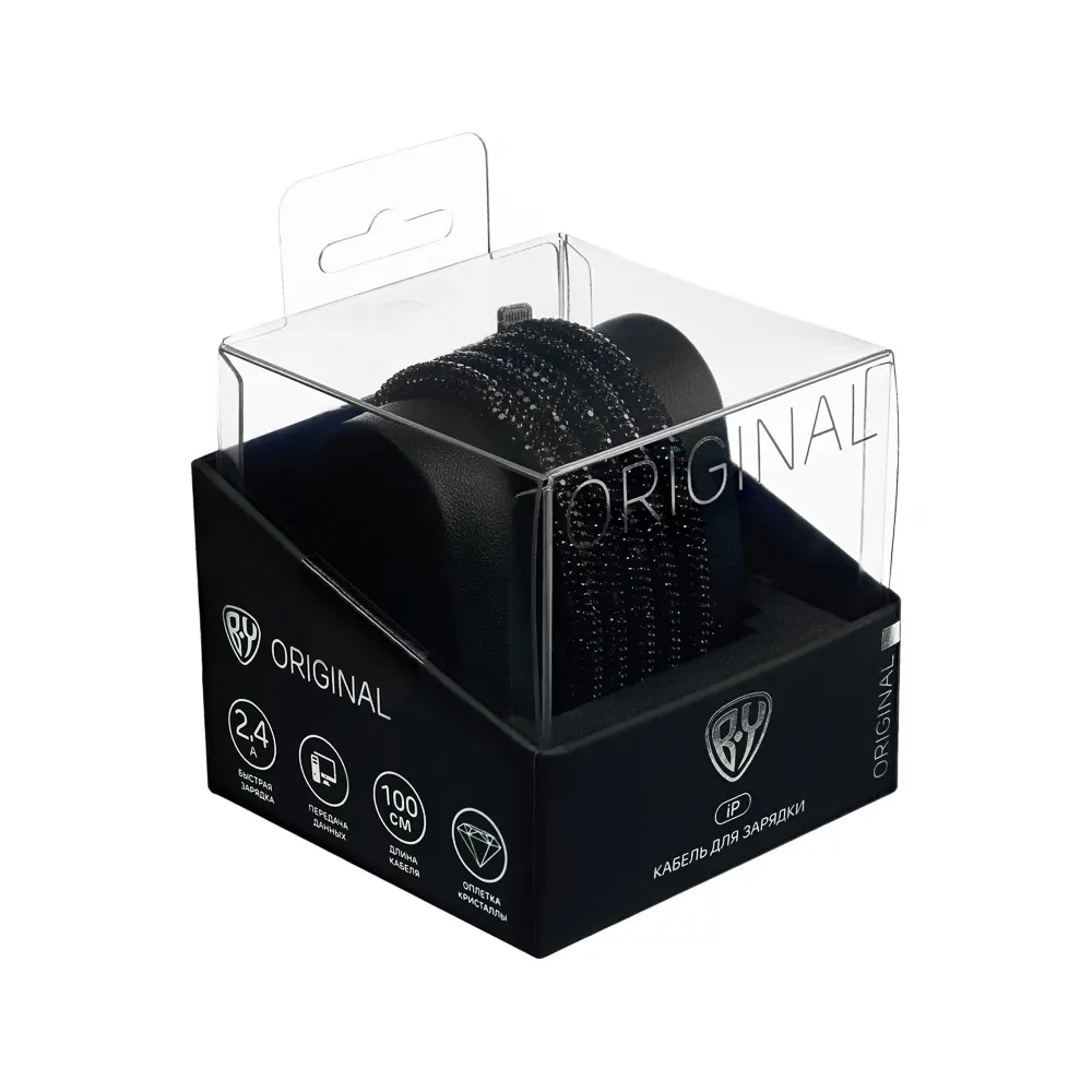 Кабель для зарядки USB(A)-iP BY КРИСТАЛЛЫ, 1м, Быстрая зарядка 2.4А, 12Вт, черный - #2