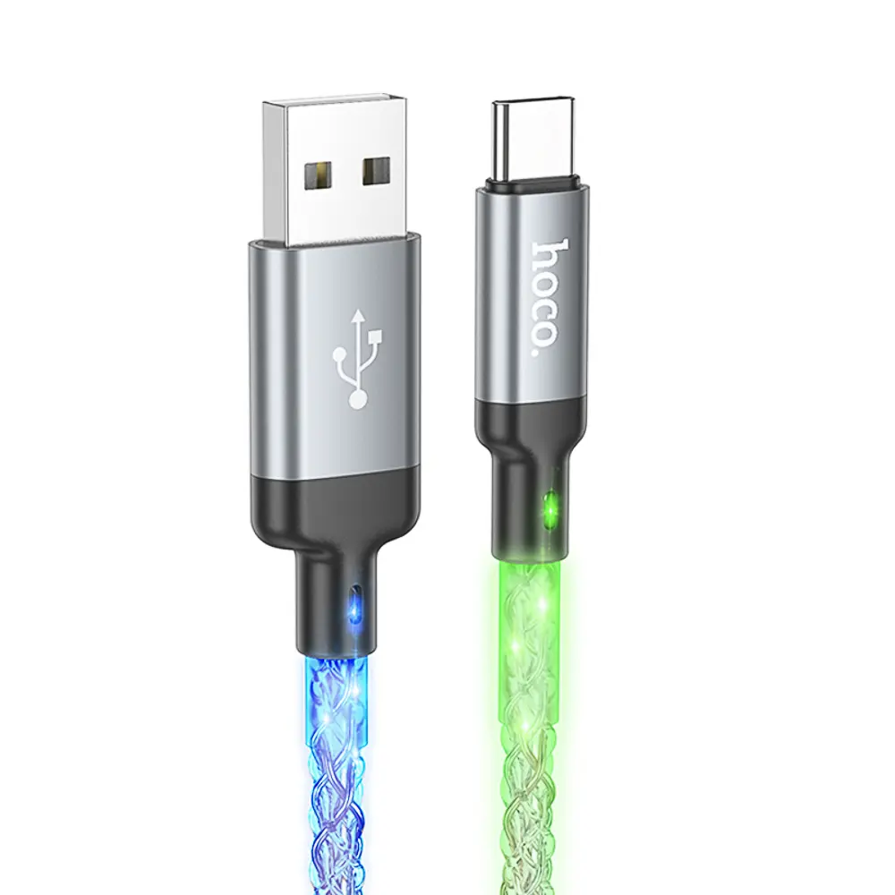 Кабель для зарядки USB(A)-Type C hoco. модель U112 Shine, 1 м, светящийся, серый - #1