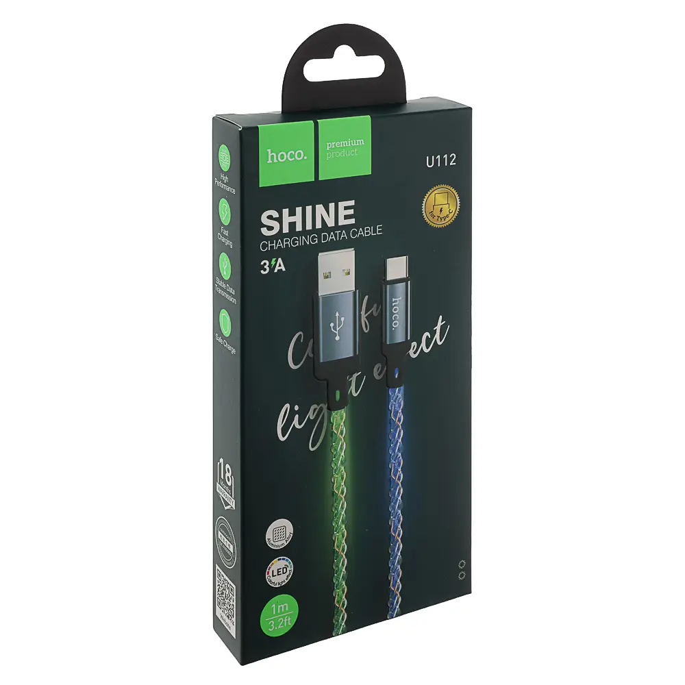 Кабель для зарядки USB(A)-Type C hoco. модель U112 Shine, 1 м, светящийся, серый - #2