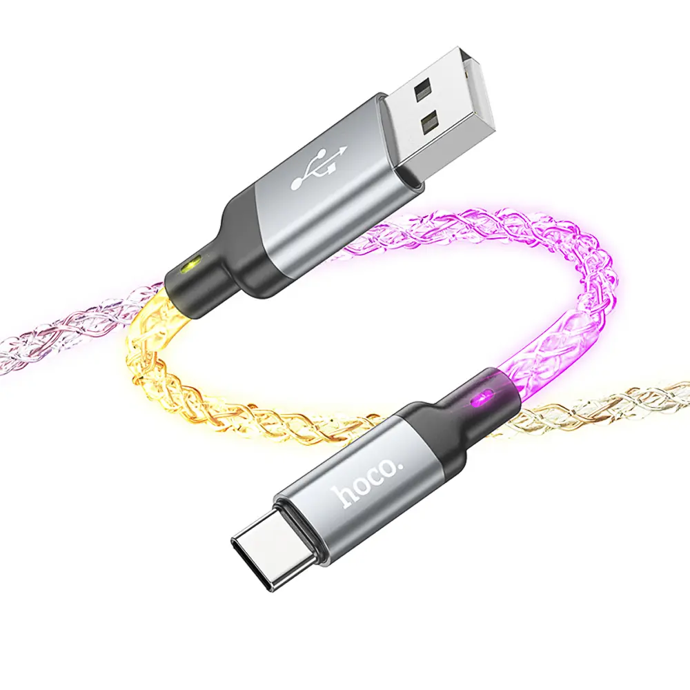 Кабель для зарядки USB(A)-Type C hoco. модель U112 Shine, 1 м, светящийся, серый - #4