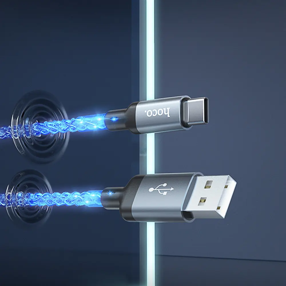 Кабель для зарядки USB(A)-Type C hoco. модель U112 Shine, 1 м, светящийся, серый - #8