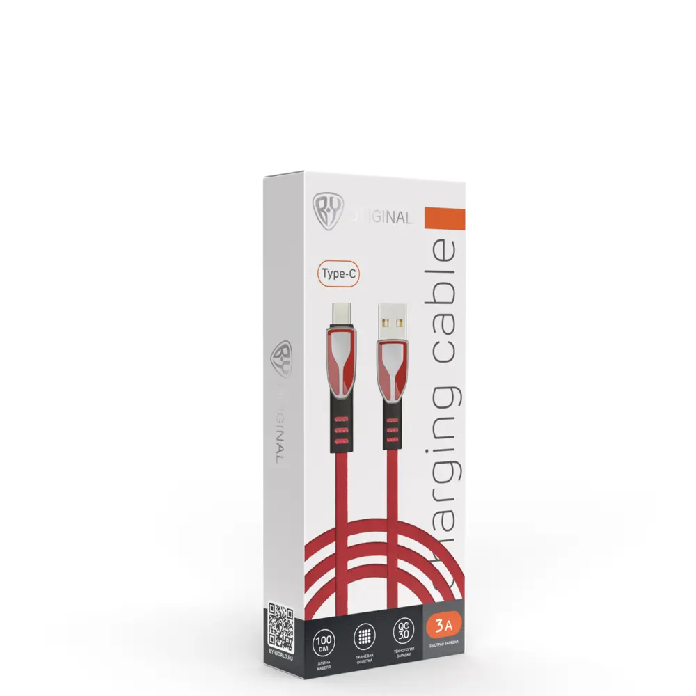 Кабель для зарядки USB(A)-Type C BY Графика, 1м, Быстрая зарядка QC3.0, штекер металл, красный - #2