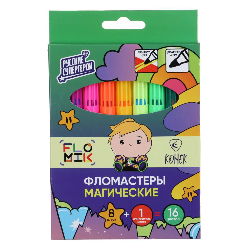 Фломастеры 16цв. FLOMIK "магические" 8 штук + 1 изменитель цвета, картонная коробка - #1