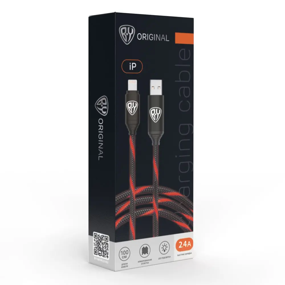 Кабель для зарядки USB(A)-iP BY Армированный, 1м, 2.4А, Быстрая зарядка, LED подсветка красная - #2