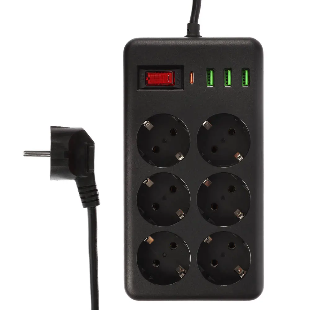 Удлинитель, сетевой фильтр 6 гнезд 3м BY Black, 3*USB, 1*type-C,выкл., 2500Вт,чёрный - #1