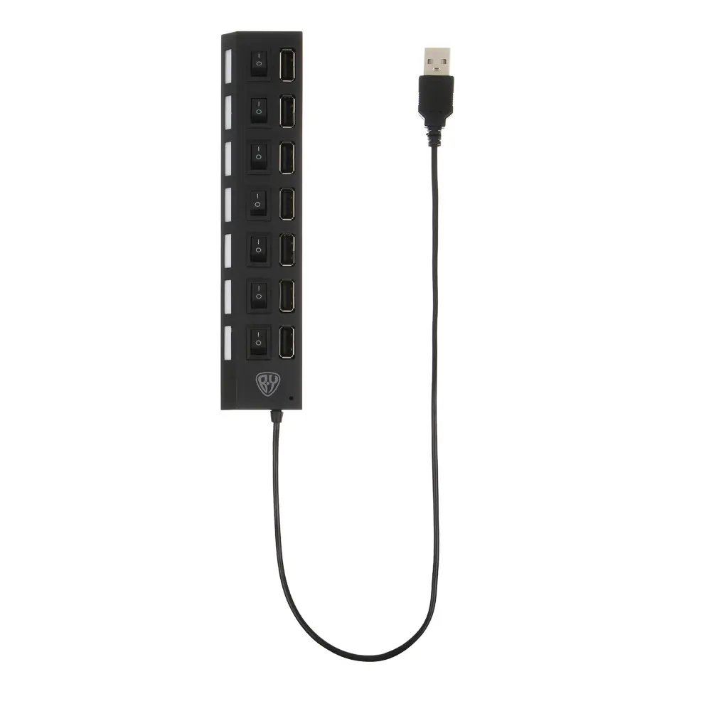 USB-хаб 7xUSB2.0 BY с выключателями, кабель USB(A) 15см, пластик, чёрный - #1