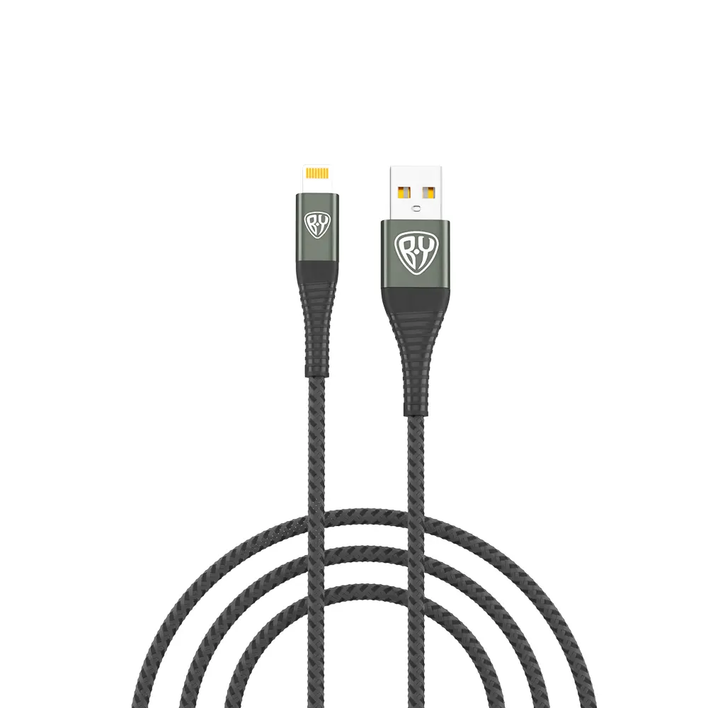 Кабель для зарядки USB(A)-iP BY Shark, Быстрая зарядка 2.4А, 12Вт, тканевый, cерый, штекер металл - #1