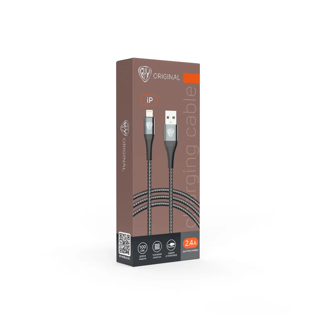 Кабель для зарядки USB(A)-iP BY Shark, Быстрая зарядка 2.4А, 12Вт, тканевый, cерый, штекер металл - #2