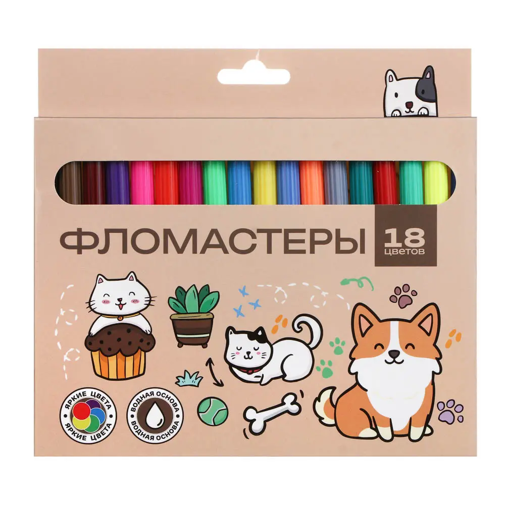 Фломастеры 18 цветов, "Ми Стайл", смываемые, цветной вентил. колпачок, цветная коробка - #1
