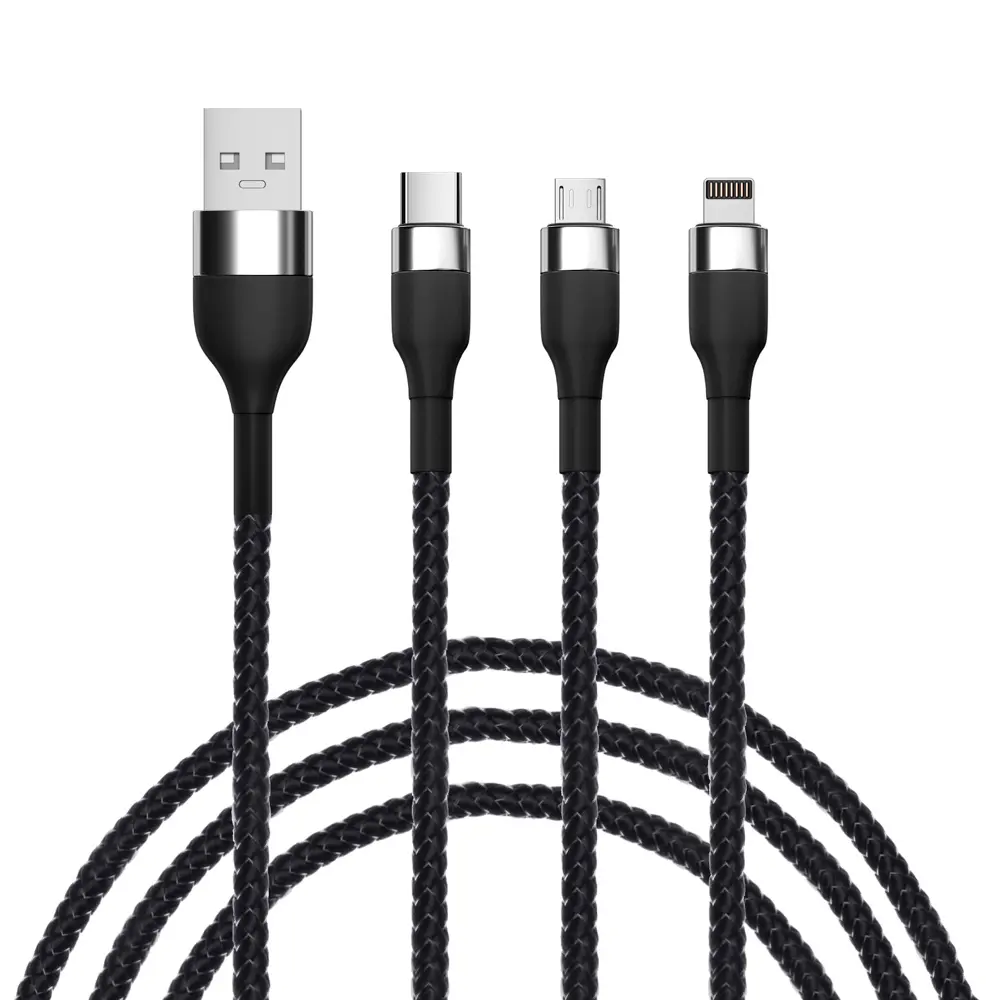 Кабель для зарядки 3в1 iP/microUSB/Type-C BY, 1.5м, 2.1А, тканевая оплётка, металлик, черный - #1