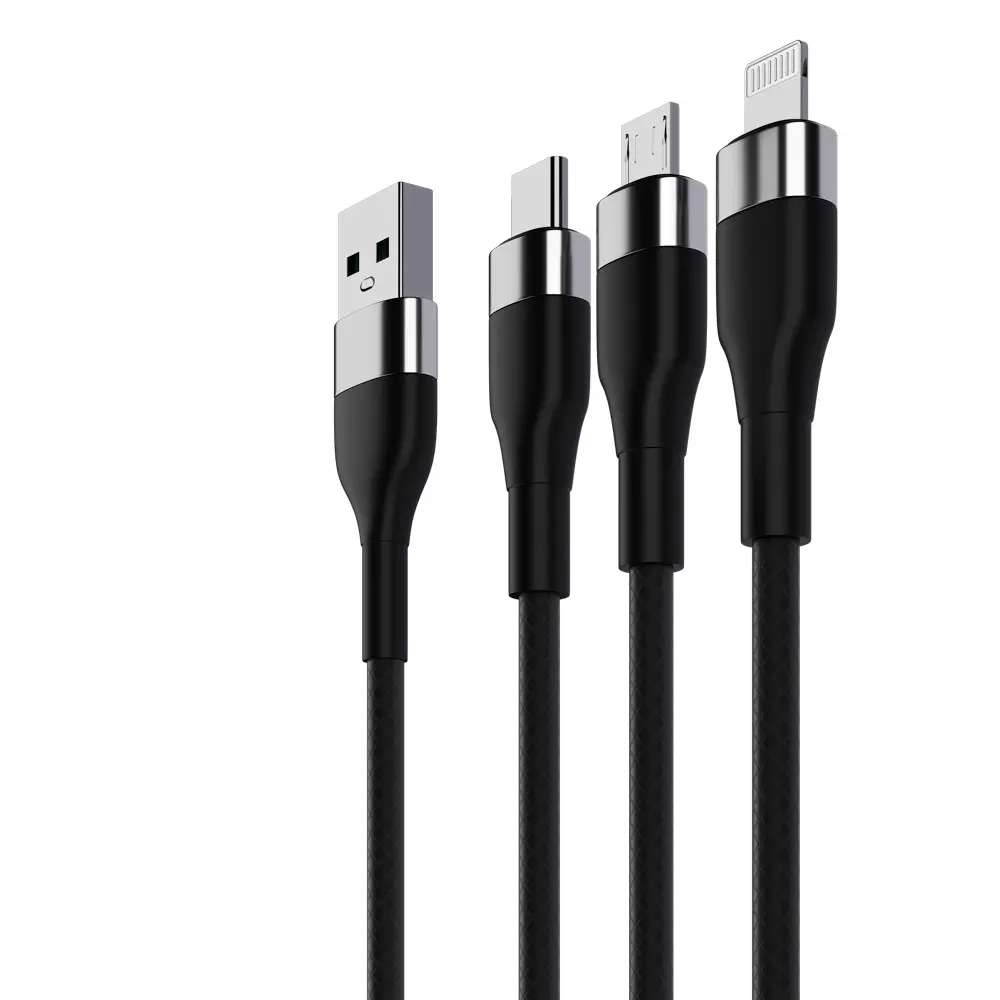 Кабель для зарядки 3в1 iP/microUSB/Type-C BY, 1.5м, 2.1А, тканевая оплётка, металлик, черный - #3