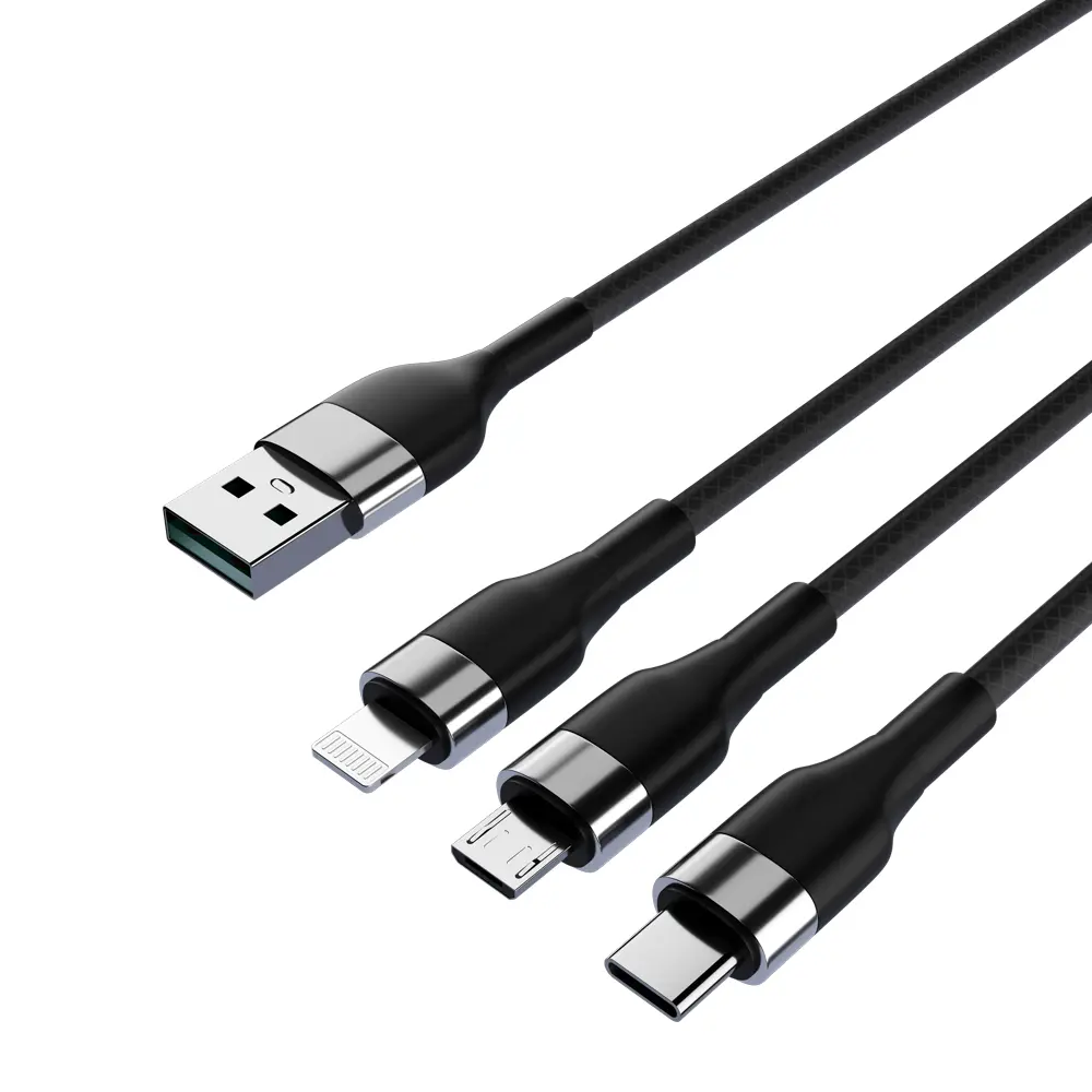 Кабель для зарядки 3в1 iP/microUSB/Type-C BY, 1.5м, 2.1А, тканевая оплётка, металлик, черный - #4