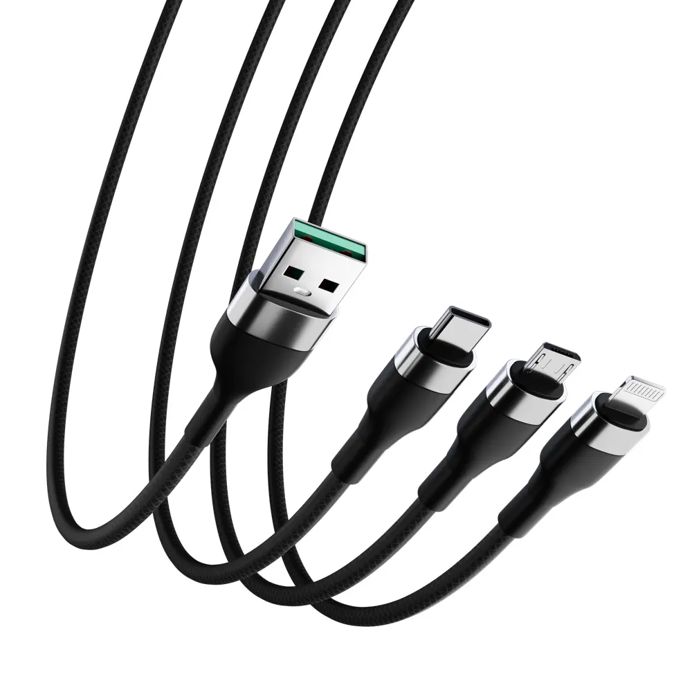Кабель для зарядки 3в1 iP/microUSB/Type-C BY, 1.5м, 2.1А, тканевая оплётка, металлик, черный - #5