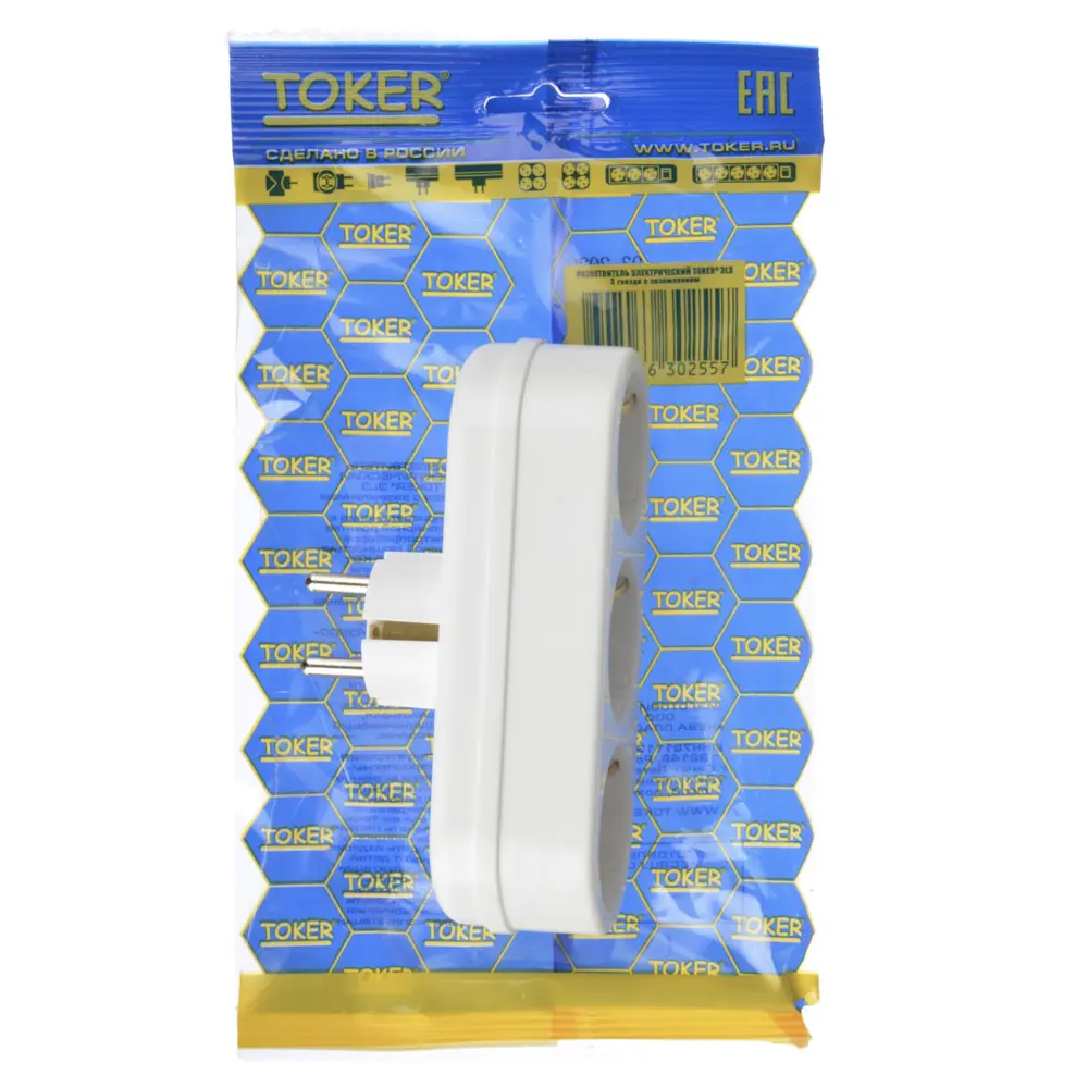 Разветвитель 3 гнезда TOKER, евро, с заземлением, 16А, 250В, белый - #3