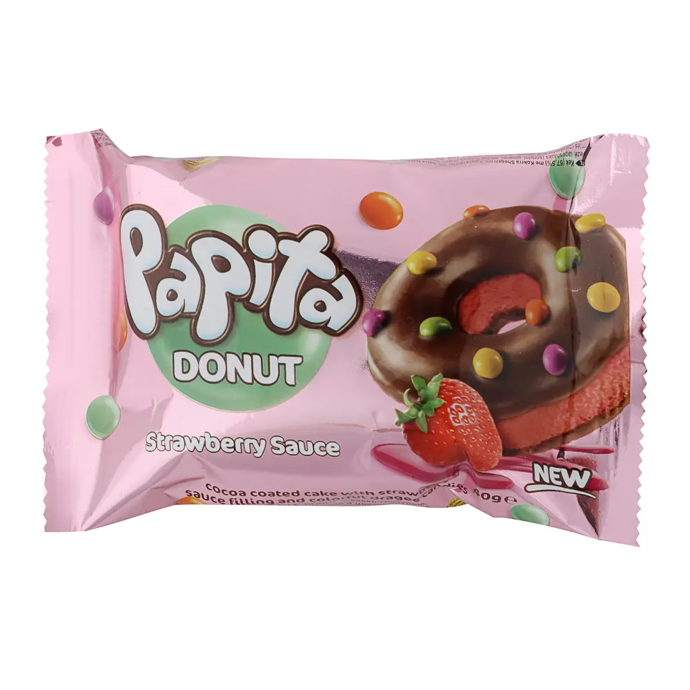 Кекс "PAPITA DONUT" с какао глазурью и цветным драже, начинка шоколад/клубника 40гр - #1