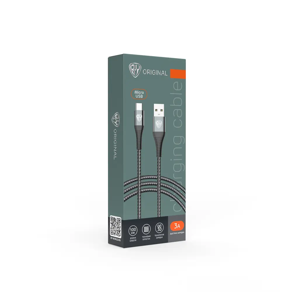Кабель для зарядки USB(A)-microUSB BY Shark, быстр зар 3А, QC,PD 20Вт, тканевый, cерый,штекер металл - #2