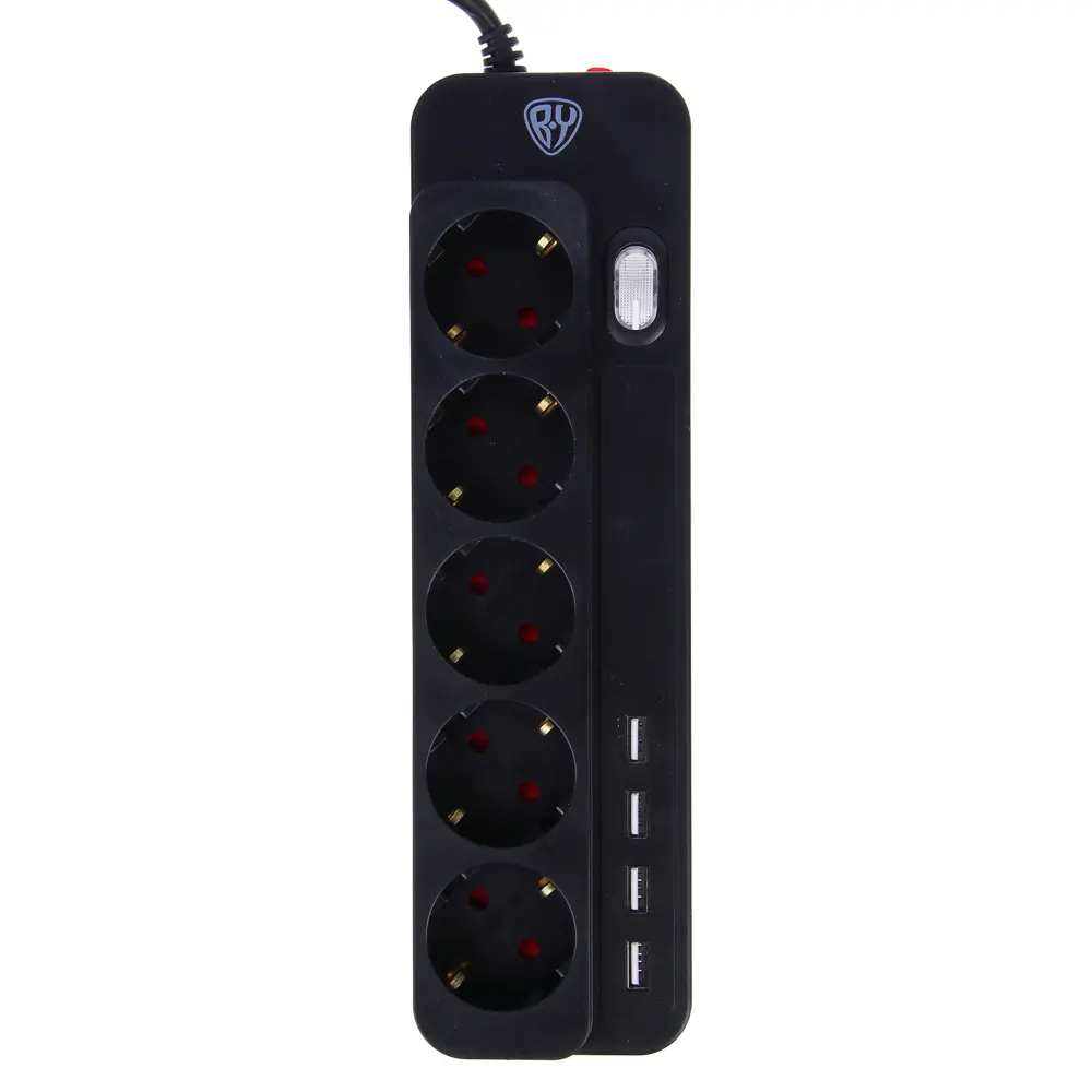 Удлинитель, сетевой фильтр 5 гнезд BY 2м, 4xUSB (3А), 0,75кв.мм,10А,2500Вт, чёрный - #1