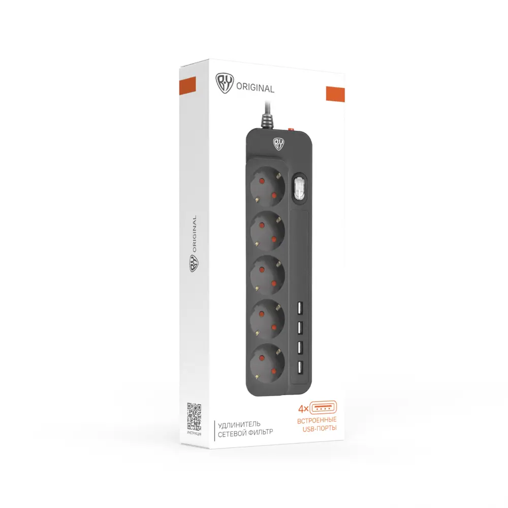 Удлинитель, сетевой фильтр 5 гнезд BY 2м, 4xUSB (3А), 0,75кв.мм,10А,2500Вт, чёрный - #2