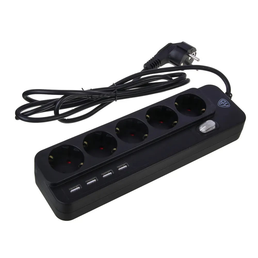 Удлинитель, сетевой фильтр 5 гнезд BY 2м, 4xUSB (3А), 0,75кв.мм,10А,2500Вт, чёрный - #3