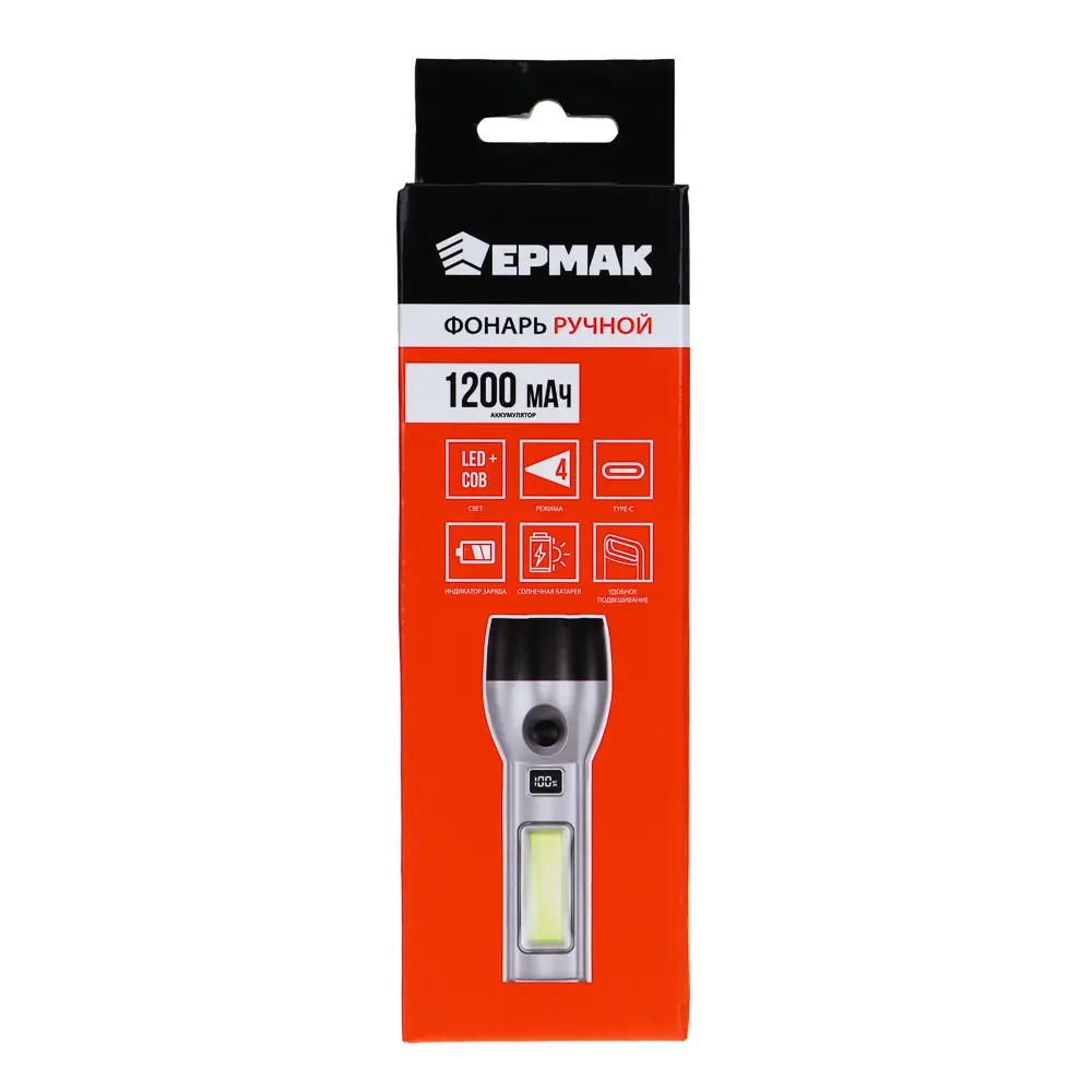 Фонарь ручной тм ЕРМАК, 1200 мАч, 175х52х30 мм, 4 режима, LED+СОВ, Type-C, пластик - #8