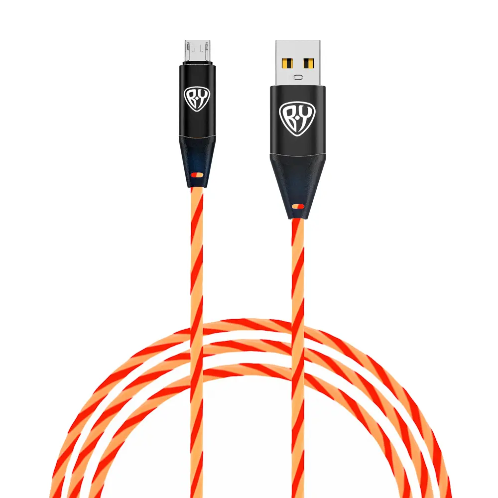Рыжий Кабель для зарядки Светящийся Micro USB, 1м, 2.4А, Быстрая зарядка, LED подсветка оранжевая - #1