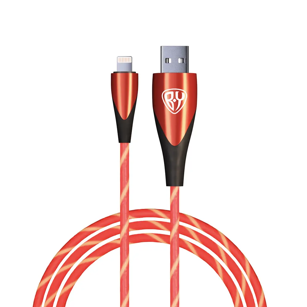 Кабель для зарядки USB(A)-iP BY Светящийся, GLITTER LIGHT, 1м, 2.4А, быстр зар, подсветка красная - #1
