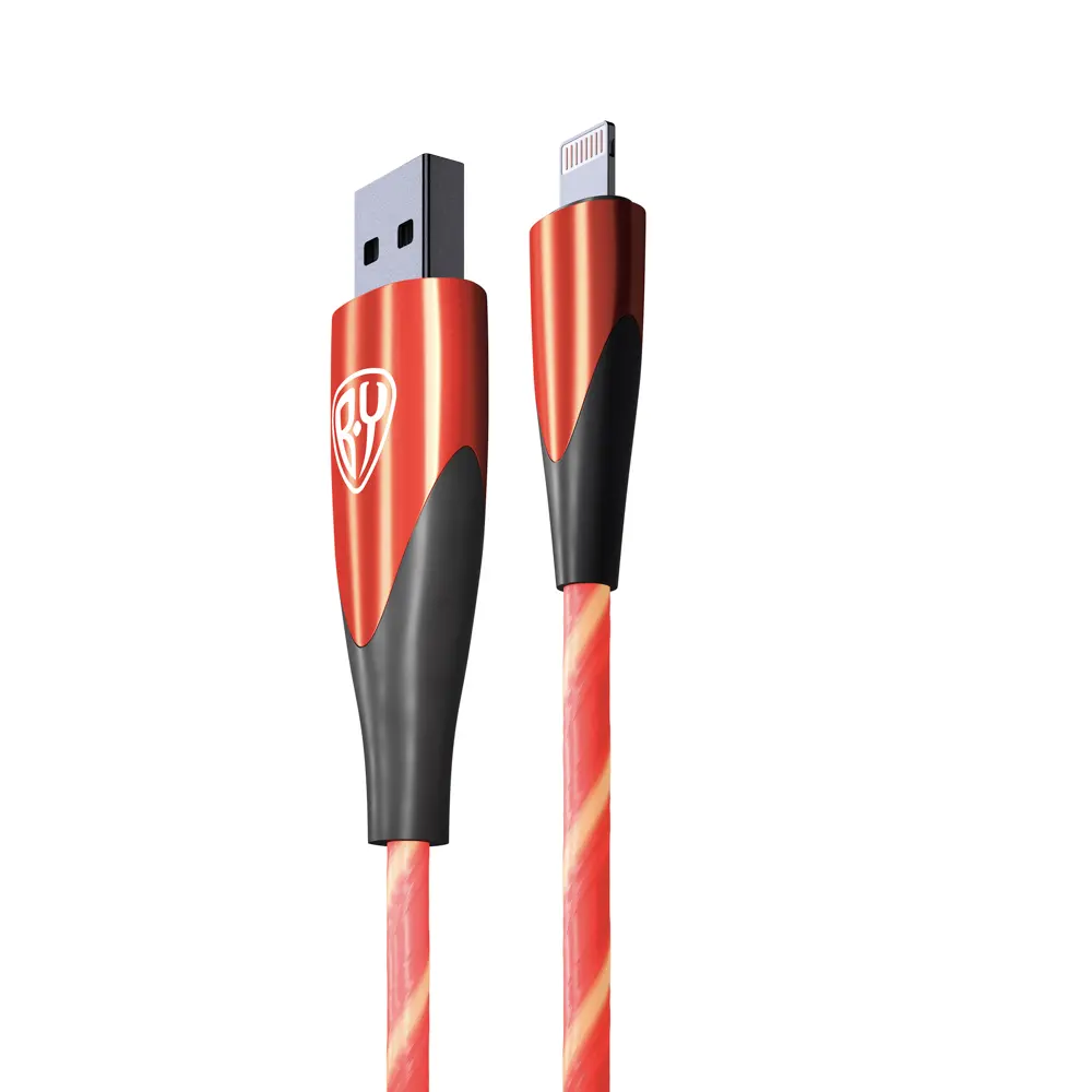 Кабель для зарядки USB(A)-iP BY Светящийся, GLITTER LIGHT, 1м, 2.4А, быстр зар, подсветка красная - #3