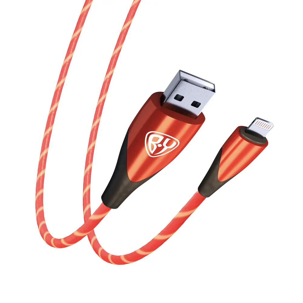 Кабель для зарядки USB(A)-iP BY Светящийся, GLITTER LIGHT, 1м, 2.4А, быстр зар, подсветка красная - #5