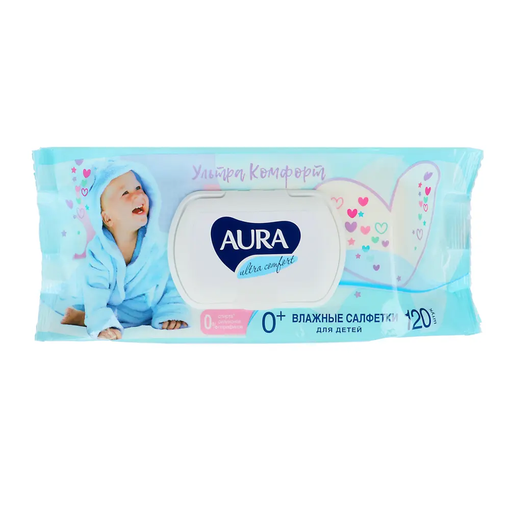 Влажные салфетки детские AURA ULTRA COMFORT с экстрактом алоэ и витамином Е, с крышкой, 120 шт - #1
