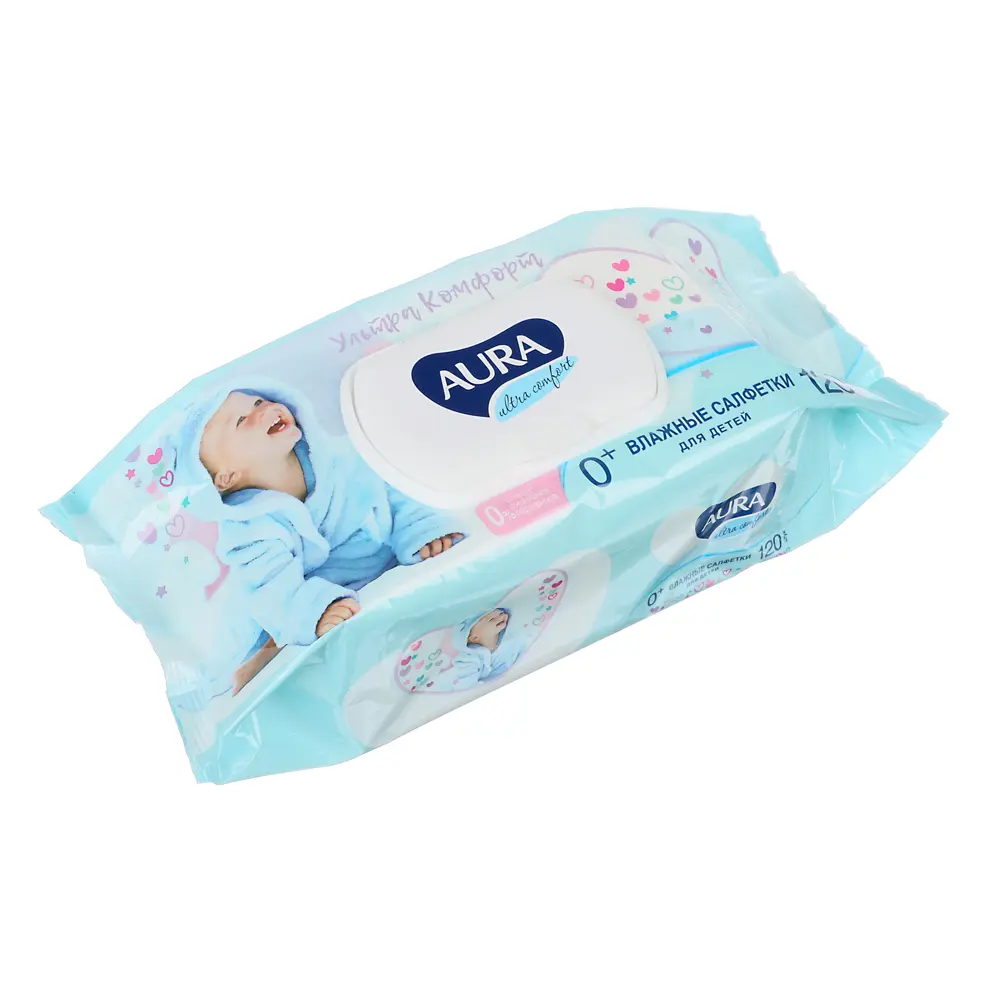 Влажные салфетки детские AURA ULTRA COMFORT с экстрактом алоэ и витамином Е, с крышкой, 120 шт - #2