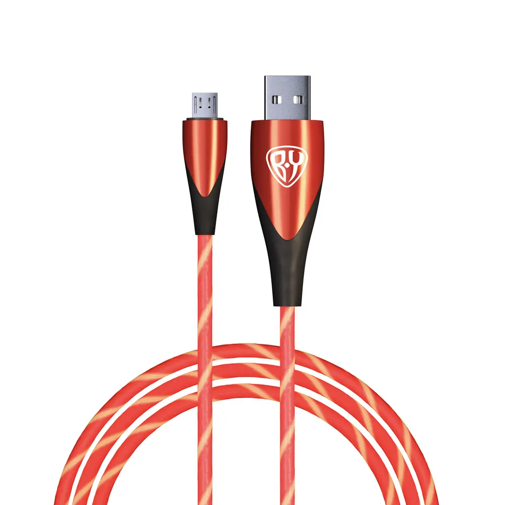 Кабель для зарядки USB(A)-microUSB BY Светящийся, GLITTER LIGHT, 1м, 3А, быстр зар, подсвет. красная - #1