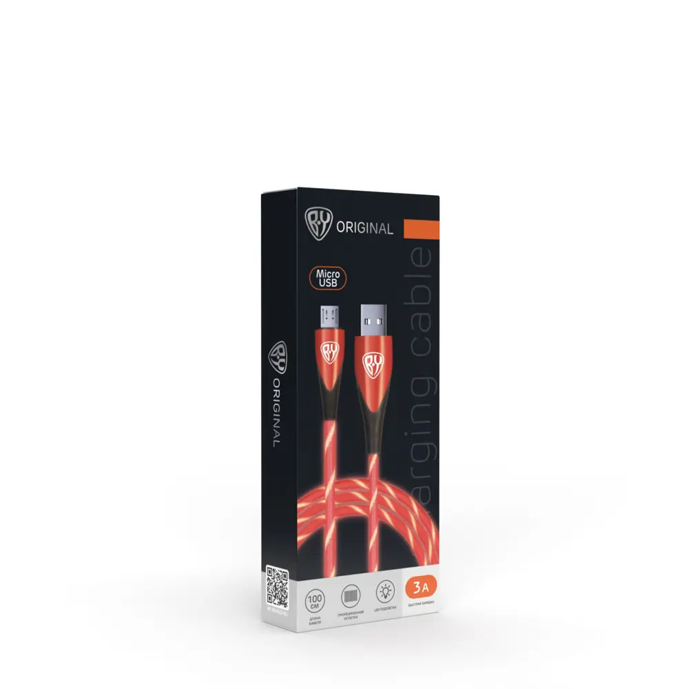 Кабель для зарядки USB(A)-microUSB BY Светящийся, GLITTER LIGHT, 1м, 3А, быстр зар, подсвет. красная - #2