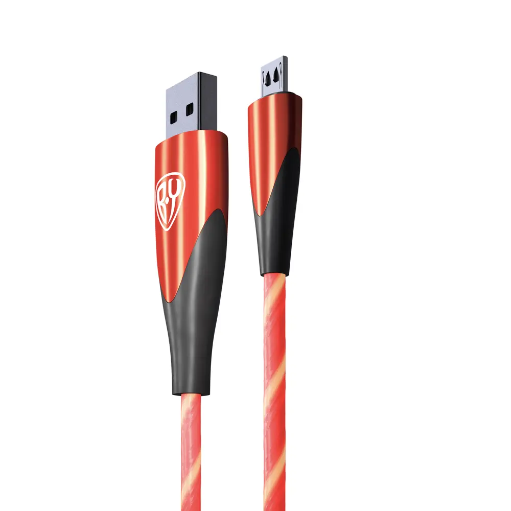 Кабель для зарядки USB(A)-microUSB BY Светящийся, GLITTER LIGHT, 1м, 3А, быстр зар, подсвет. красная - #3