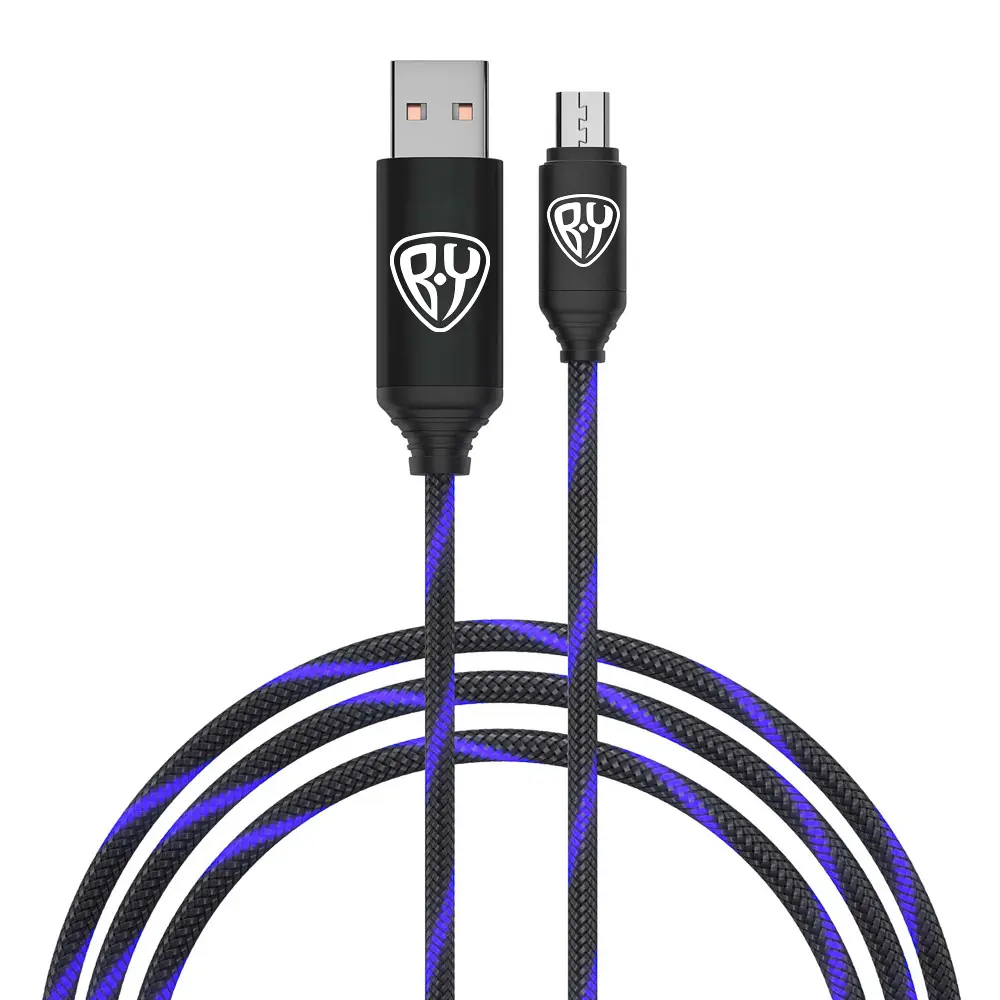 Кабель для зарядки USB(A)-microUSB BY Армированный, 1м, 3А, быстр зар QC3.0, LED подсветка синяя - #1